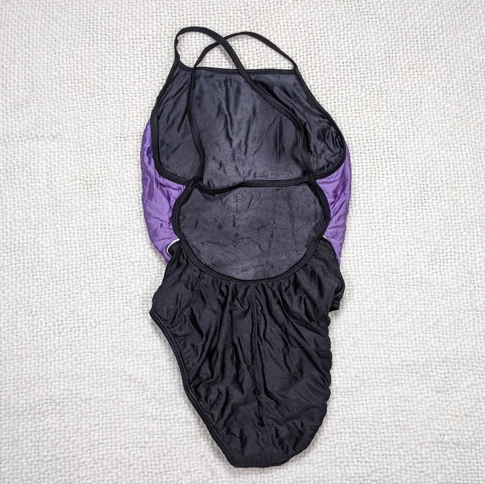 Speedo Rapid Splice Black and Purple Athletic Open Back‎ One Piece *See Measure